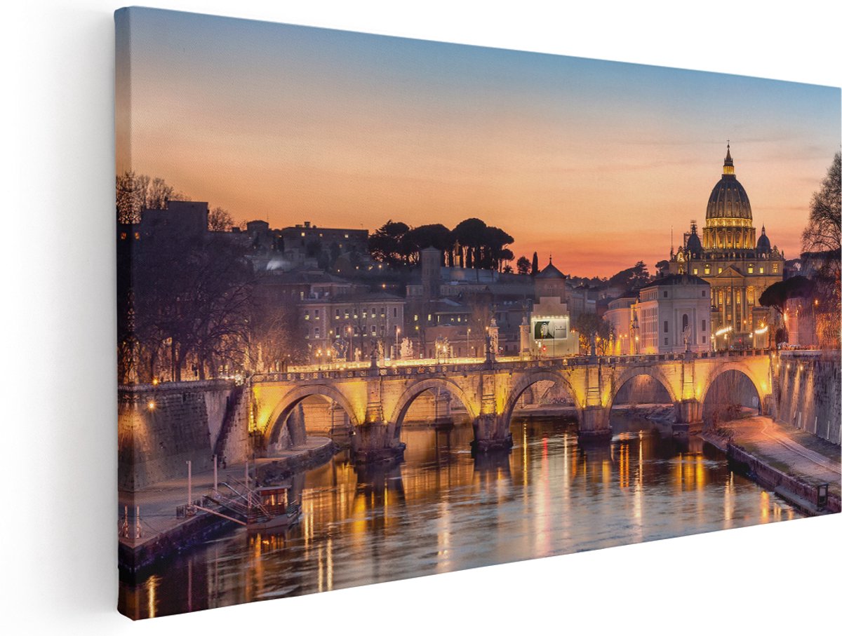 Artaza Canvas Schilderij Engelenbrug in Rome bij Zonsondergang - 180x90 cm - Groot - Wanddecoratie Woonkamer - Schilderijen - Muurdecoratie