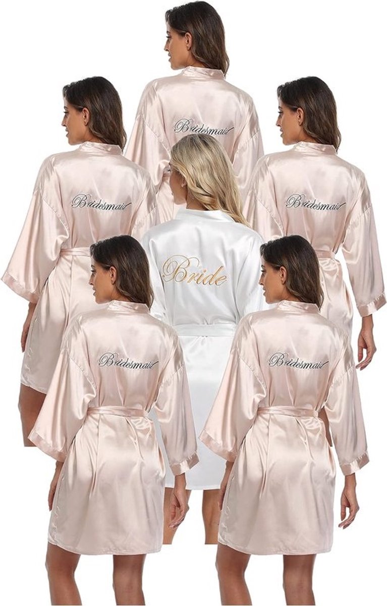6-delige Satijnen Badjas Set voor Bruid en Bruidsmeisjes - Kimono's voor Trouwdag & Vrijgezellenfeest