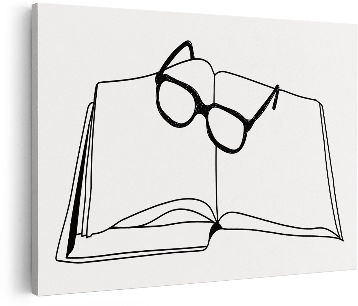 Artaza Canvas Schilderij Open Boek - 180x120 cm - Groot - Wanddecoratie Line Art - Muurdecoratie Bril - Decoratie Minimalistisch - Zwart Wit