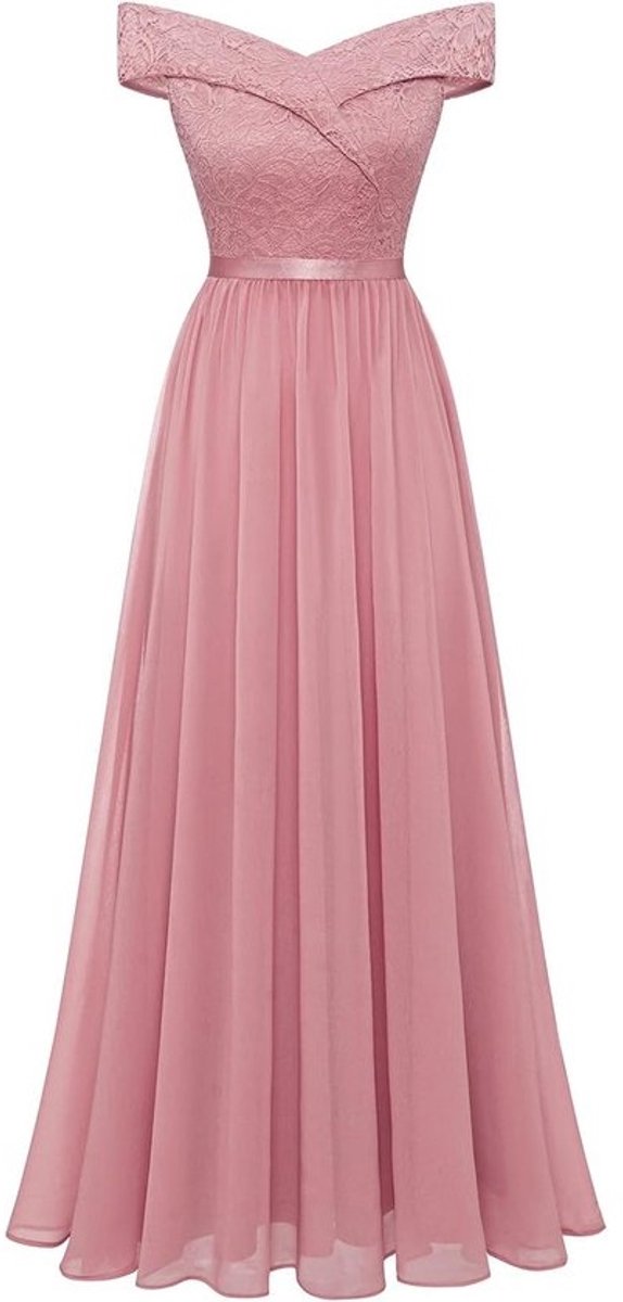Kanten jurk dames off-schouder chiffon knielang bruidsmeisje avondjurk cocktail