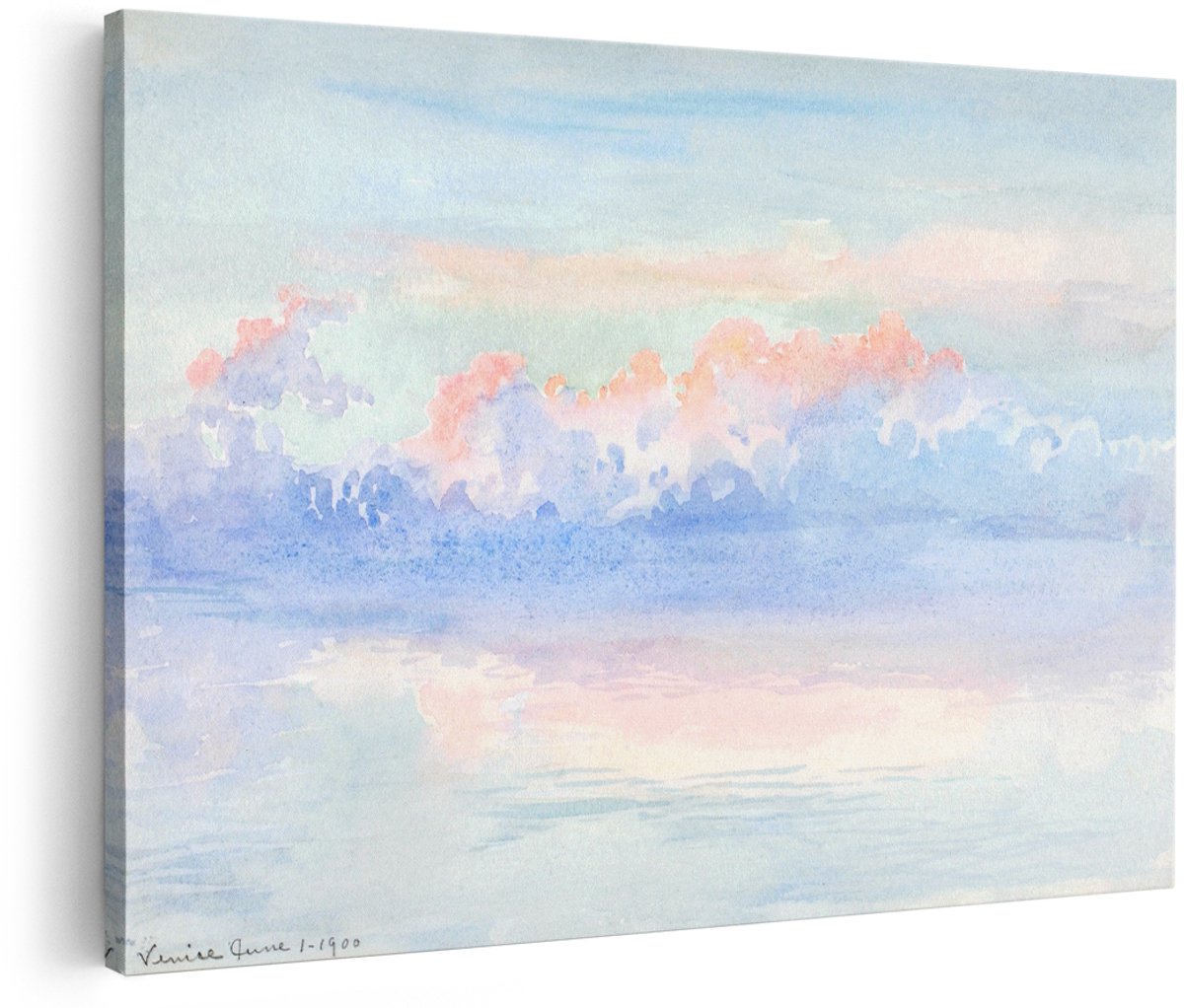 Artaza Canvas Schilderij Zonsondergang - 180x120 cm - Groot - Wanddecoratie Pastel Wolken - Muurdecoratie Landschap - Decoratie Roze Aquarel
