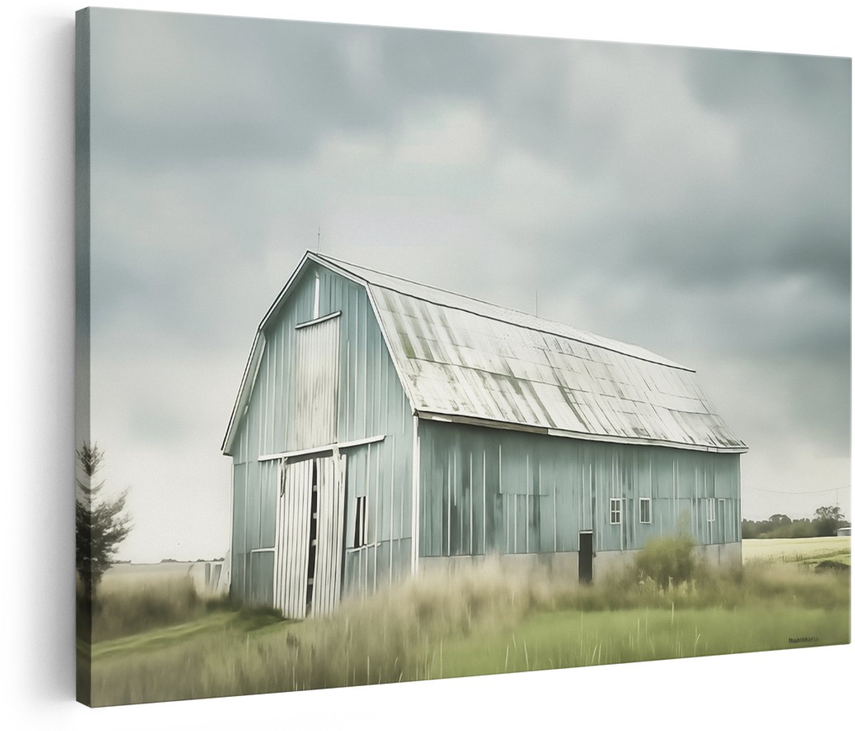Artaza Canvas Schilderij Blauwe Schuur Midden in een Veld - Landschap - 180x120 cm - Groot - Wanddecoratie Woonkamer - Schilderijen - Muurdecoratie
