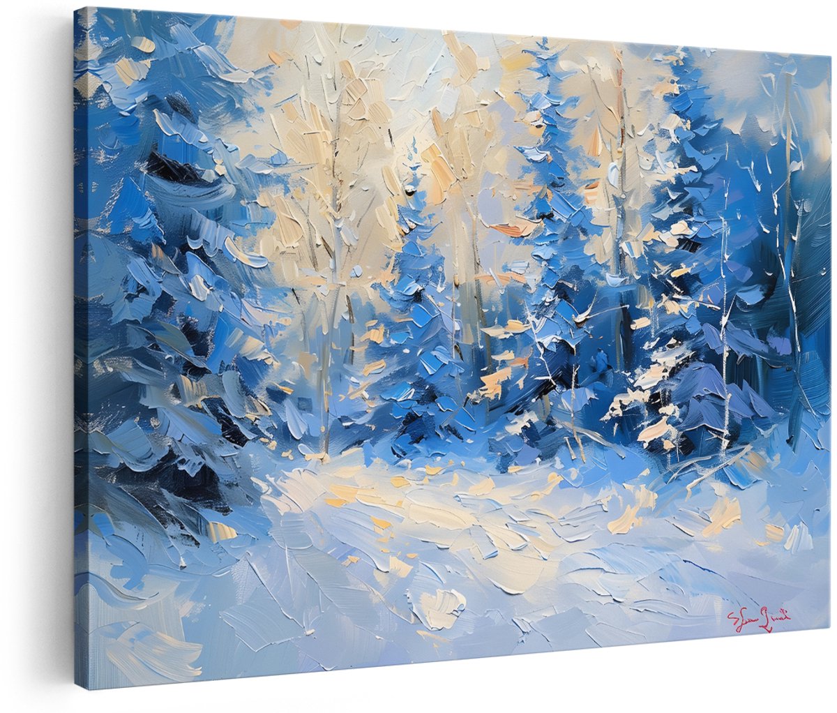 Artaza Canvas Schilderij Winter Boslandschap - 180x120 cm - Groot - Wanddecoratie Natuur - Muurdecoratie Dennenbomen - Schilderijen Op Canvas Blauw