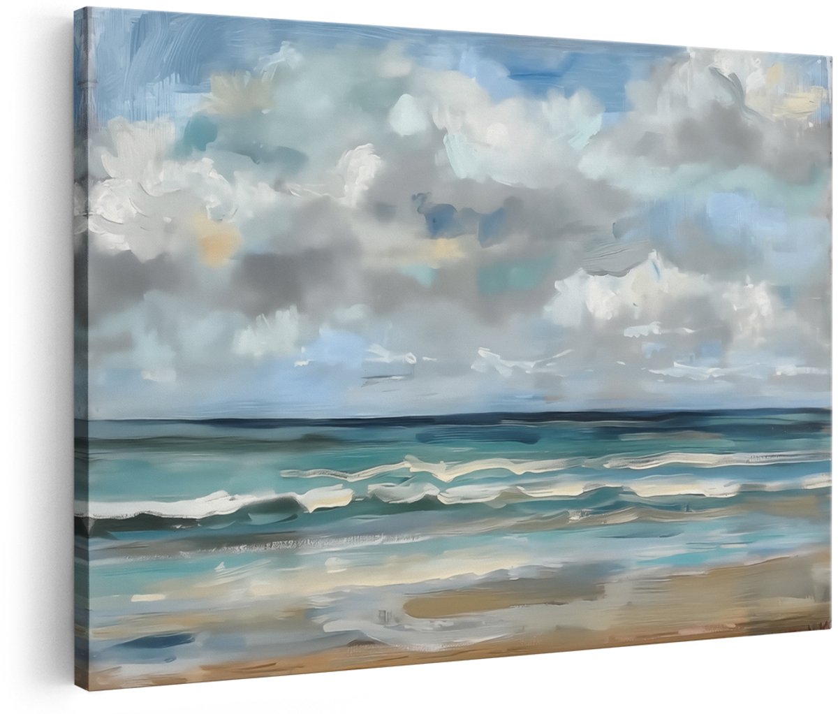 Artaza Canvas Schilderij Kunstwerk van een Strand met Wolken - 180x120 cm - Groot - Wanddecoratie Woonkamer - Schilderijen - Muurdecoratie