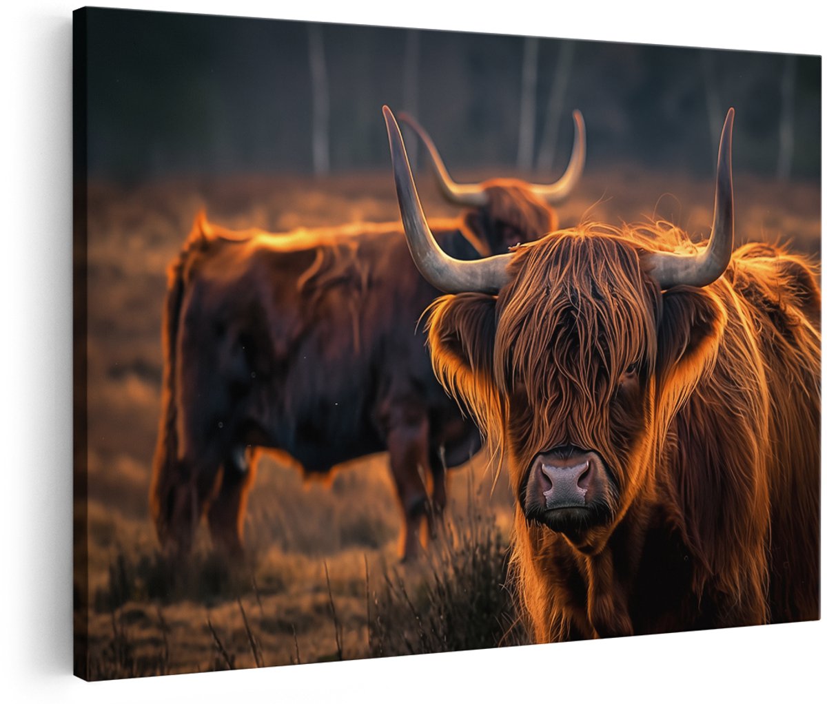 Artaza Canvas Schilderij Twee Hooglander Koeien in een Veld - Dieren - 180x120 cm - Groot - Wanddecoratie Woonkamer - Schilderijen - Muurdecoratie