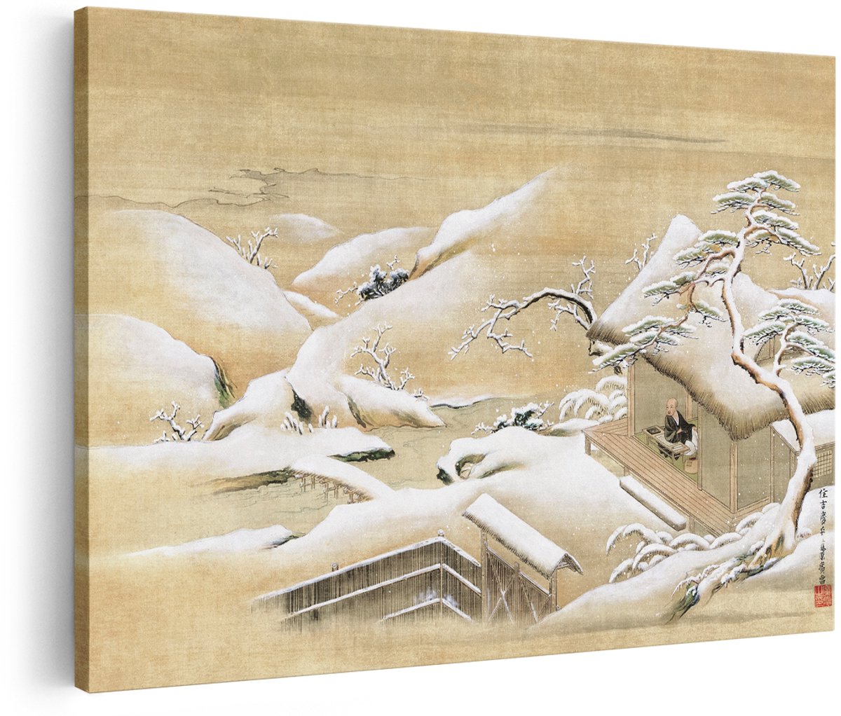 Artaza Canvas Schilderij Winterlandschap - 180x120 cm - Groot - Japanse Wanddecoratie - Muurdecoratie Landschap - Oosterse Decoratie Sneeuw