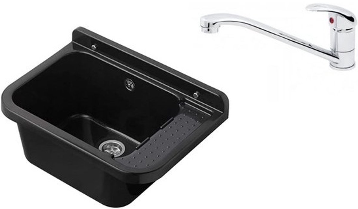 Zwarte Wasbak met Kraan en Zeepdispenser - Kom/Spoelbak voor Buiten en Binnen