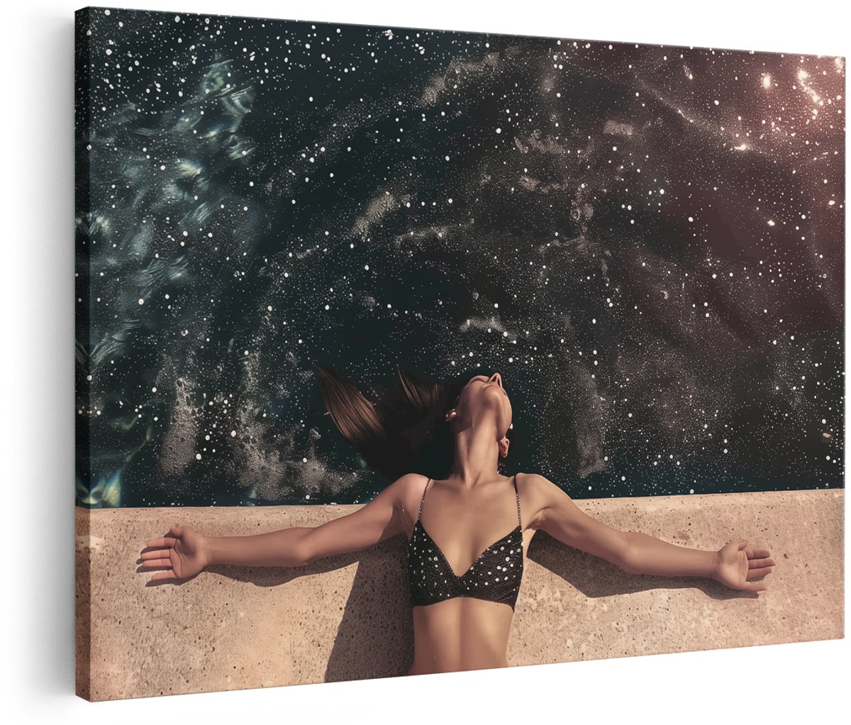 Artaza Canvas Schilderij Vrouw in een Bikini op de Rand van een Zwembad - 180x120 cm - Groot - Wanddecoratie Woonkamer - Schilderijen - Muurdecoratie