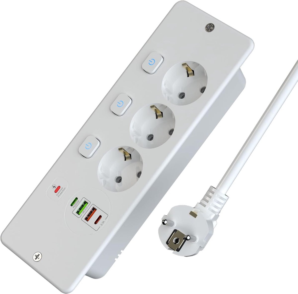 Witte bureaustekkerdoos met USB-C-poort en overspanningsbeveiliging.