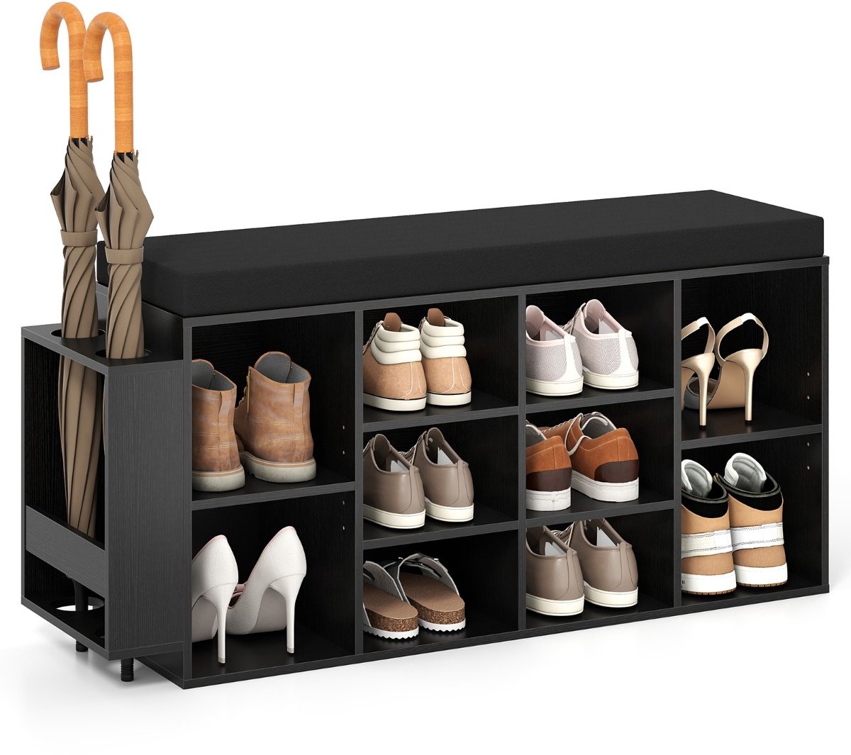 SureDeal® - Schoenenkast - Schoenenbank - Parapluhouder Schoenenrek - Vakken - Gang - Beklede Zitting Zwart - 30x110x52,5 cm - Donkerbruin