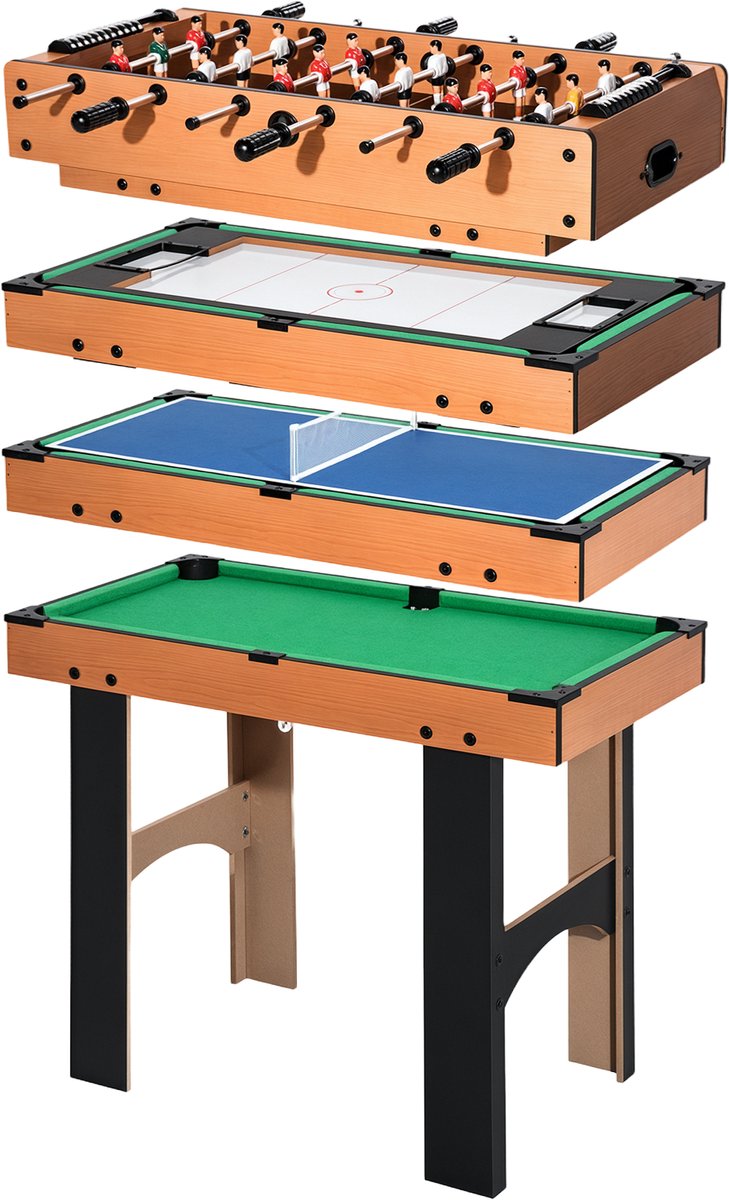 4-in-1 multifunctionele speeltafel voor kinderen vanaf 6 jaar: tafelvoetbal, biljart en pingpong, 92x78x80 cm, naturel
