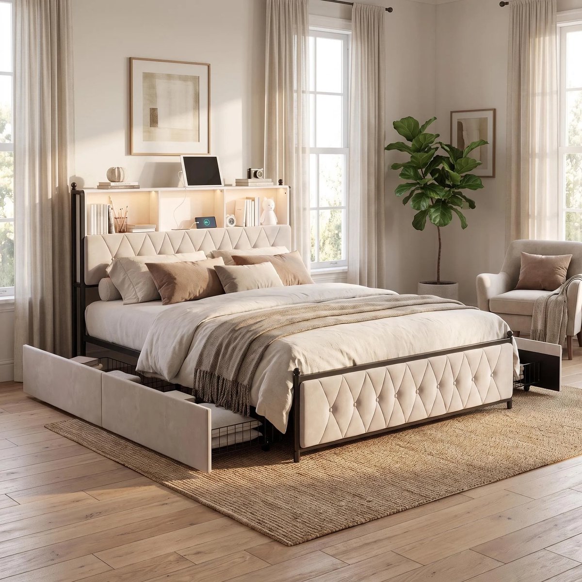 MEXUS Gestoffeerd Tweepersoonsbed 160x200 cm Beige Fluweel – Met LED-verlichting, USB-oplaadpoorten, Lattenbodem en 4 Opberglades, Metalen Bedframe, Jeugdbed met Opbergruimte, Zonder Matras