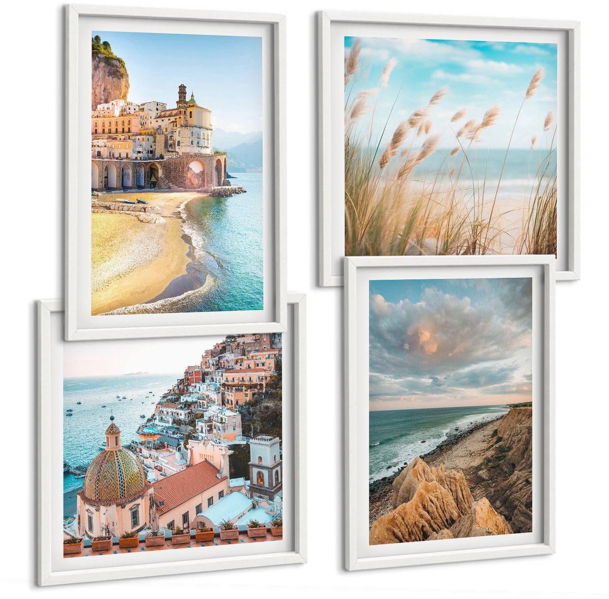 Wallfluent 4-Delige Schilderij Set - Kustlandschappen Met Strand, Stad En Kliffen - 40 x 40 En 40 x 60 - Wanddecoratie - Schilderijen Set - Kantoor - Woonkamer Decoratie