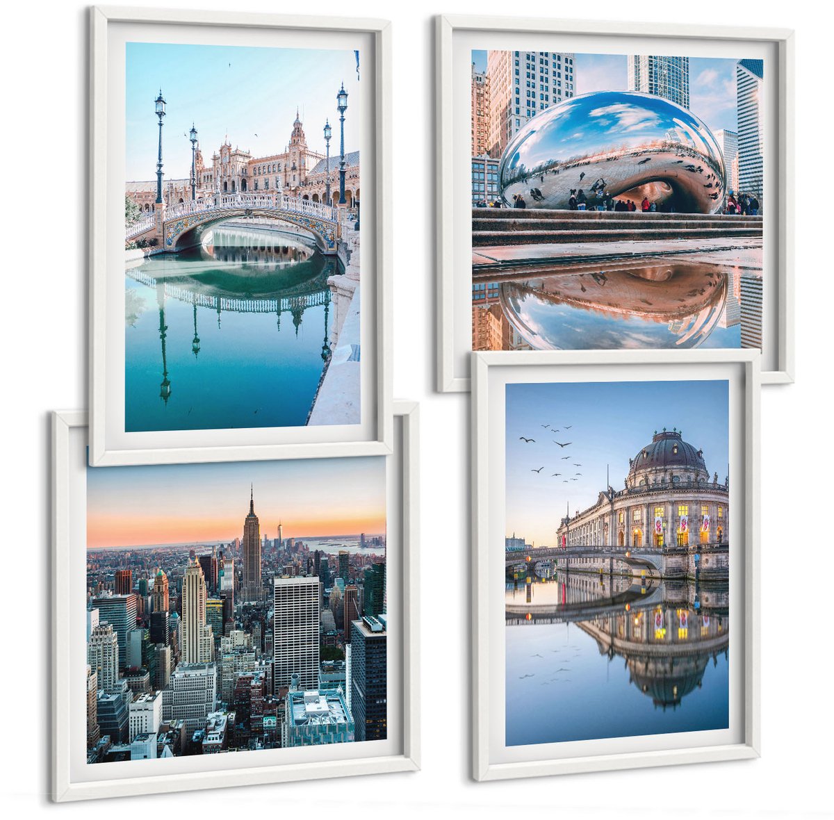 Wallfluent 4-Delige Schilderij Set - Stadsarchitectuur Met Weerspiegeling In Het Water - 40 x 40 En 40 x 60 - Decoratieve Muurdecoratie - Slaapkamer - Moderne Wanddecoratie