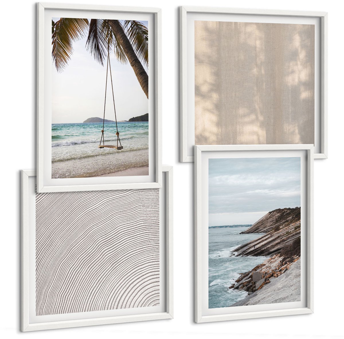 Wallfluent 4-Delige Schilderij Set - Zomers Zand En Uitzicht Op Zee Zomerse Landschappen - 40 x 40 En 40 x 60 - Decoratieve Muurdecoratie - Slaapkamer - Wanddecoratie