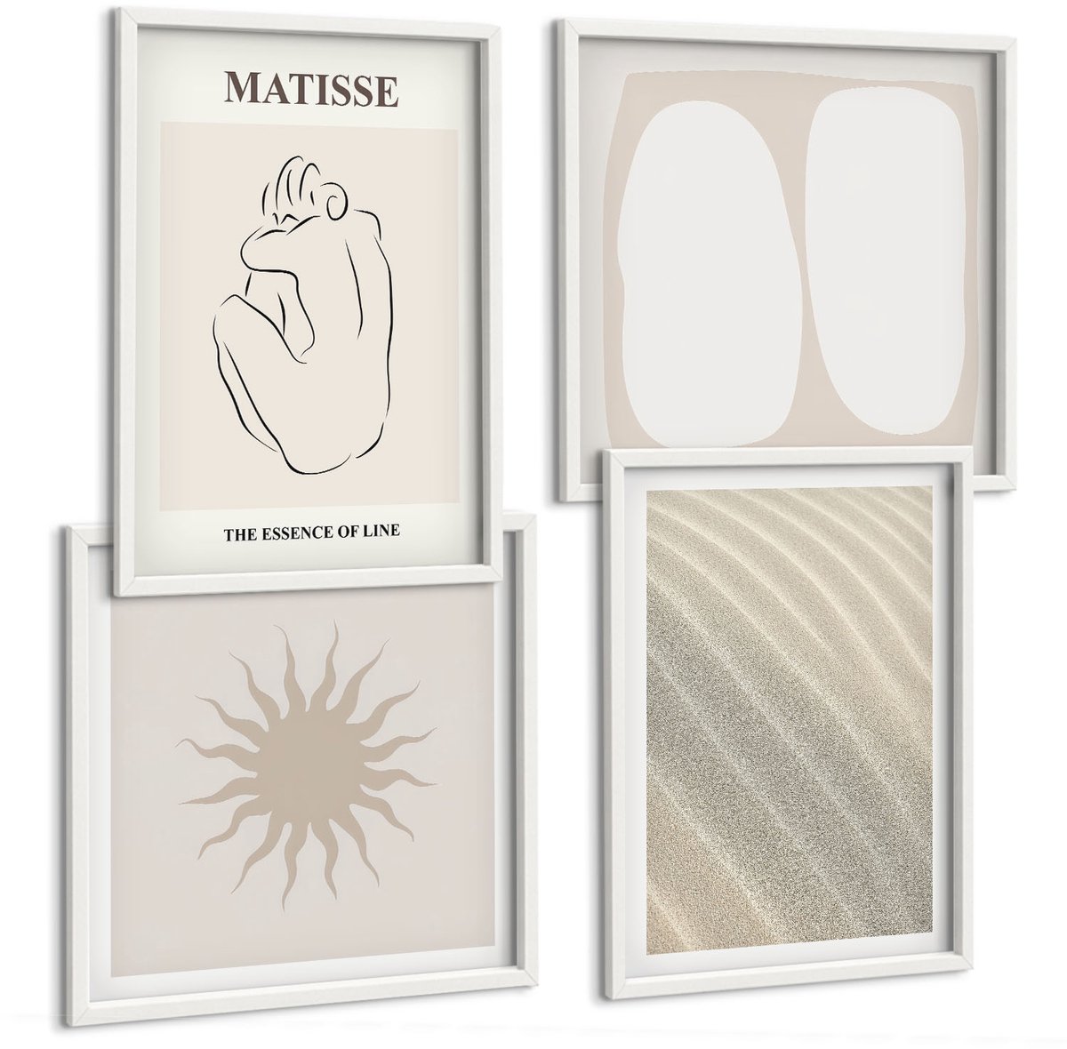 Wallfluent 4-Delige Schilderij Set - Minimalistische Zandpatronen, Golven En Zon, Matisse - 40 x 40 En 40 x 60 - Wanddecoratie - Muurdecoratie - Woonkamer - Stijlvolle Muurdecoratie