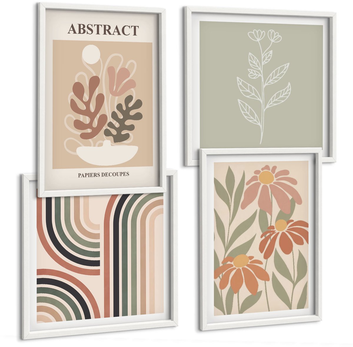 Wallfluent 4-Delige Schilderij Set - Abstracte Planten En Patronen In Pastelkleuren - 40 x 40 En 40 x 60 - Wanddecoratie - Schilderijen Set - Interieur - Muurdecoratie