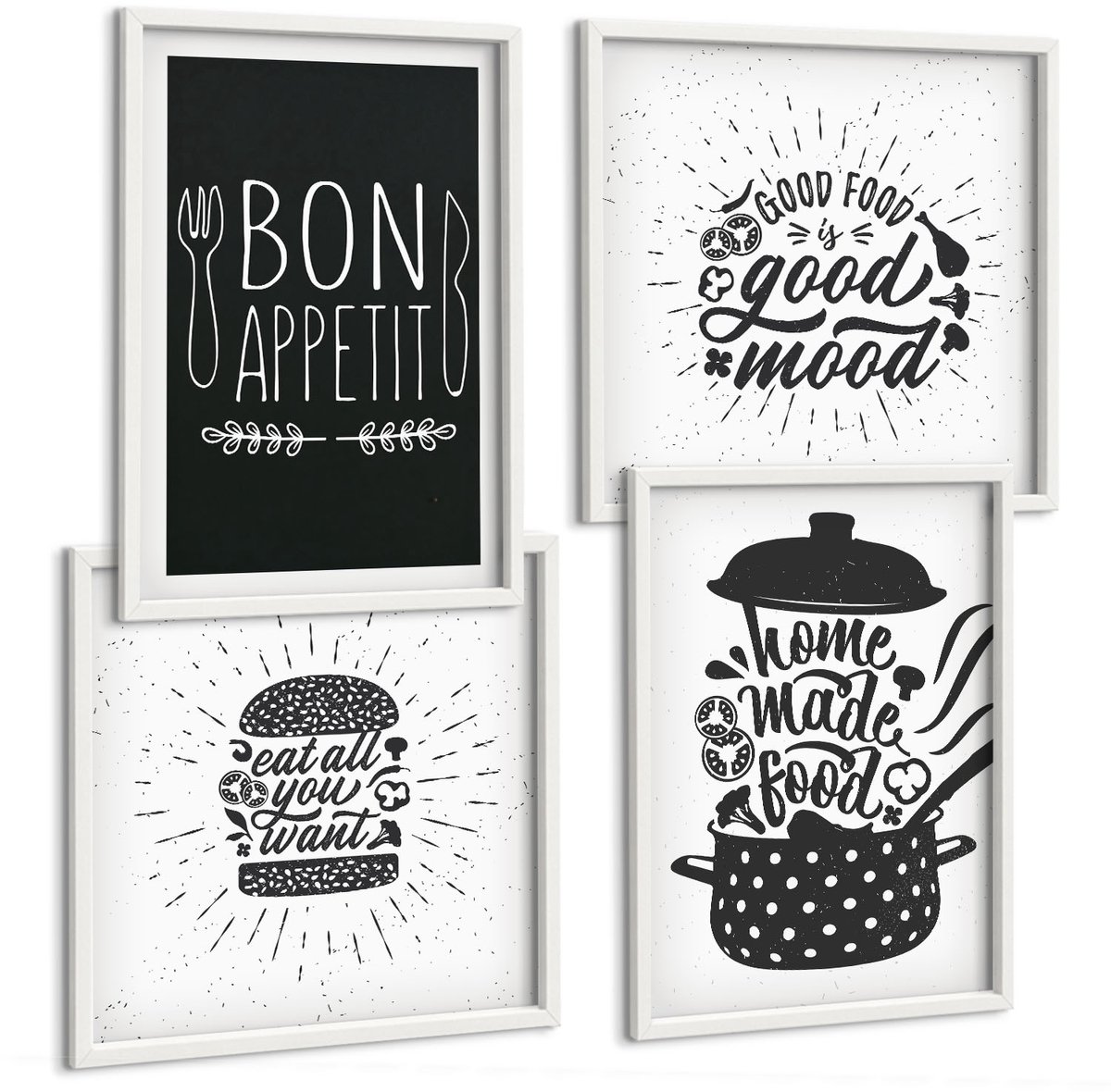 Wallfluent 4-Delige Schilderij Set - Voedselafbeeldingen En Culinaire Slogans - 40 x 40 En 40 x 60 - Muurdecoratie - Wanddecoratie - Hal - Woonkamer Decoratie