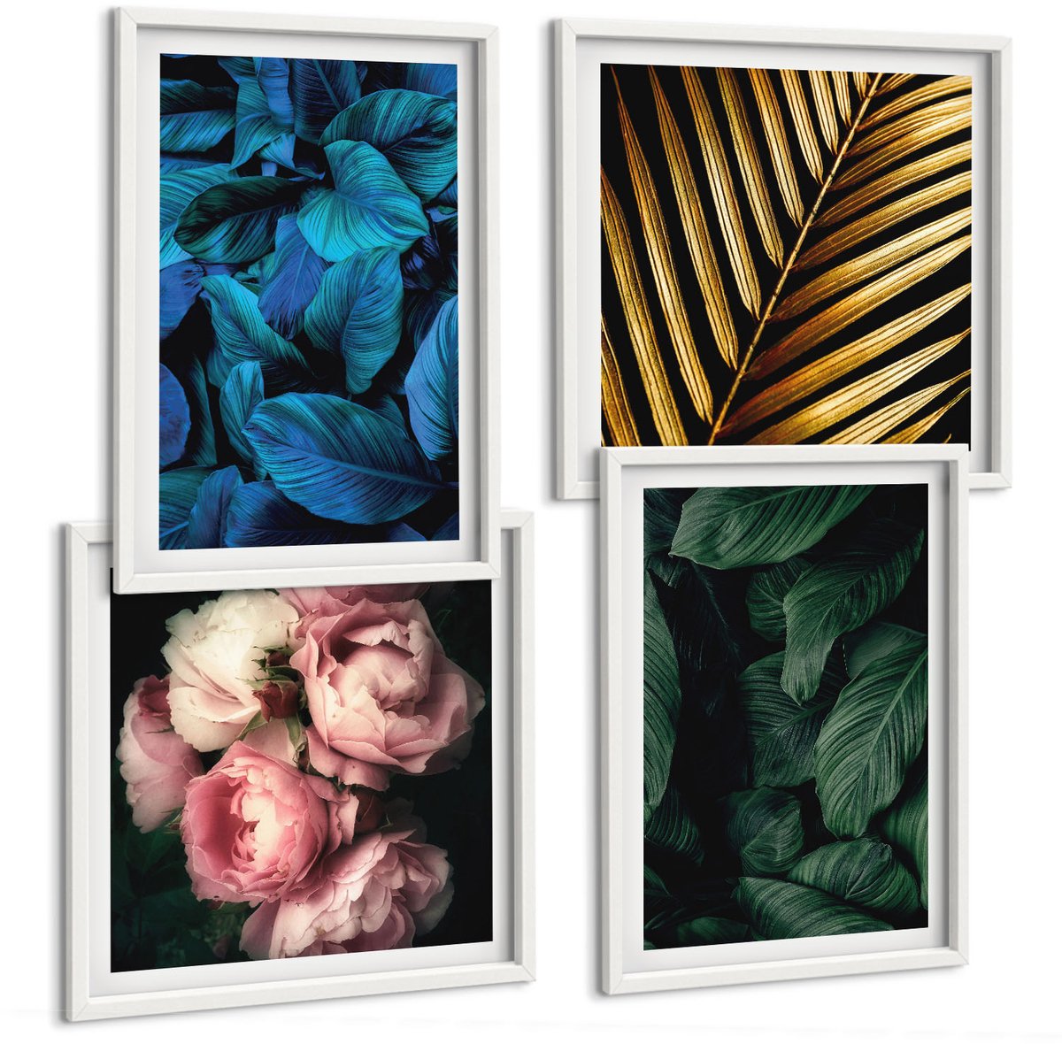 Wallfluent 4-Delige Schilderij Set - Bladeren En Bloemen In Verschillende Kleuren - 40 x 40 En 40 x 60 - Decoratieve Schilderijen - Wanddecoratie - Hal - Interieur Decoratie