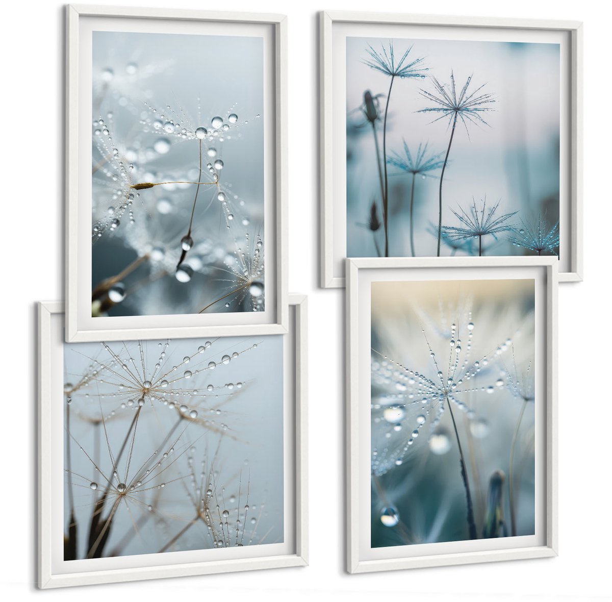 Wallfluent 4-Delige Schilderij Set - Dauwdruppels Op Tere Paardenbloemen - 40 x 40 En 40 x 60 - Schilderijen Set - Wanddecoratie - Woonkamer - Moderne Wanddecoratie