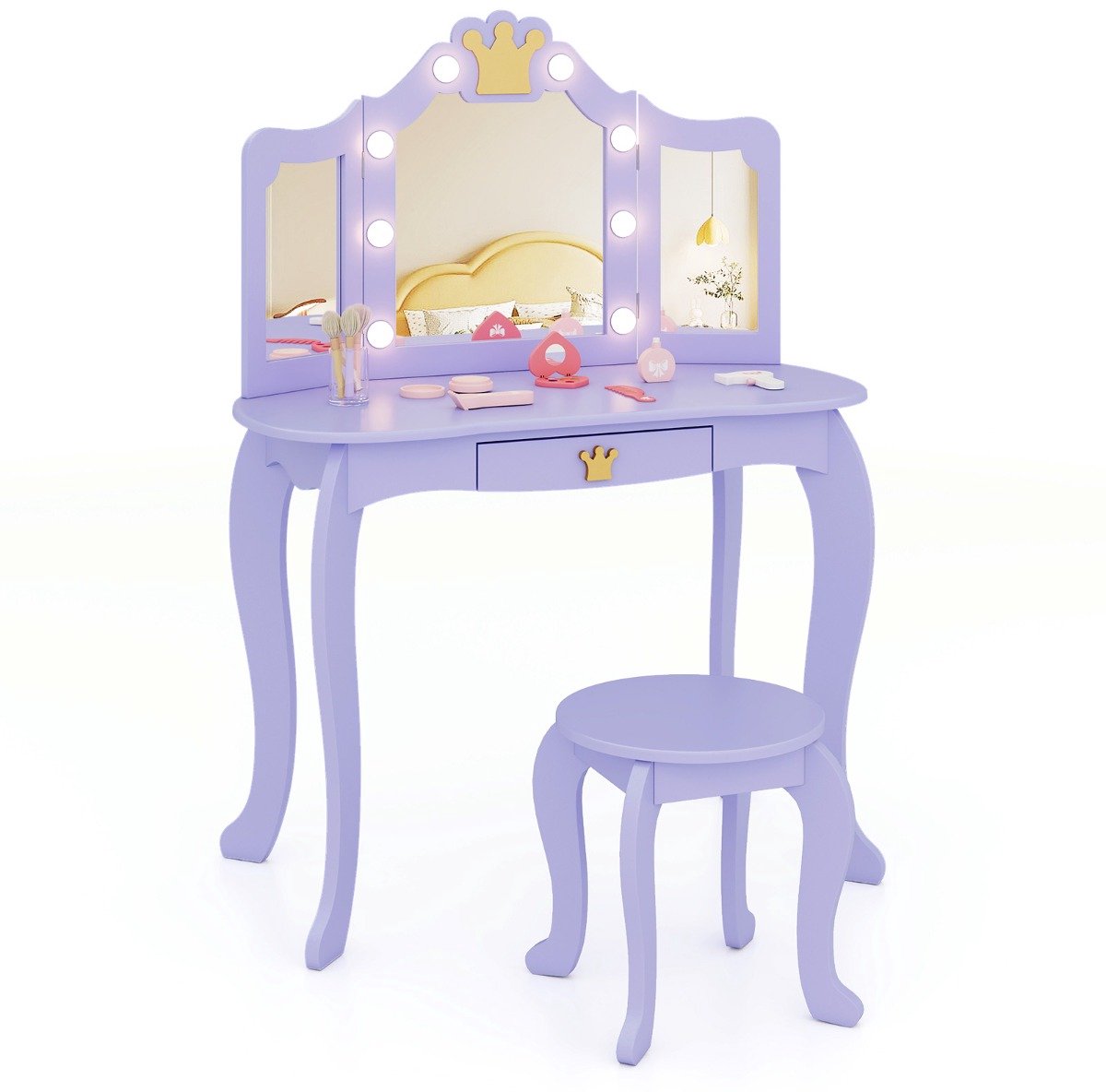 SureDeal® - Kaptafel - Kinderkaptafel - Verlichting Meisjeskaptafel Paars - 80x40x106 cm - Paars