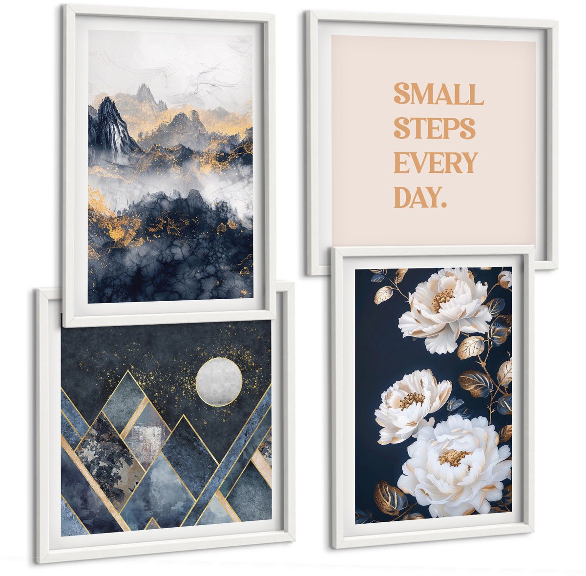 Wallfluent 4-Delige Schilderij Set - Abstracte Bergen, Bloemen En Inspirerende Letters - 40 x 40 En 40 x 60 - Wanddecoratie - Muurdecoratie - Moderne Interieurdecoratie - Decoratieve Schilderijen
