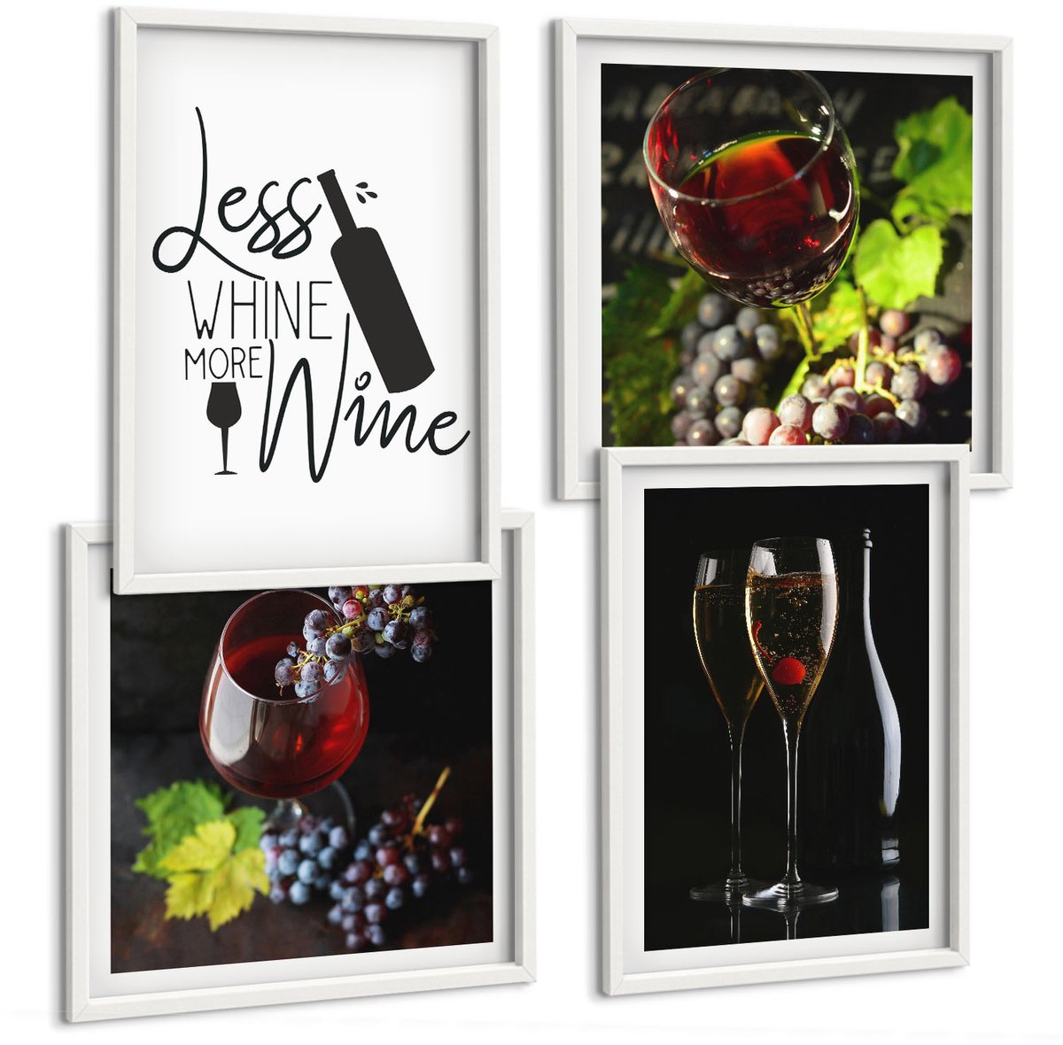 Wallfluent 4-Delige Schilderij Set - Wijnglazen Met Druiven En Een Opschrift Over Wijn. - 40 x 40 En 40 x 60 - Wanddecoratie - Woonkamer Decoratie - Moderne Wanddecoratie