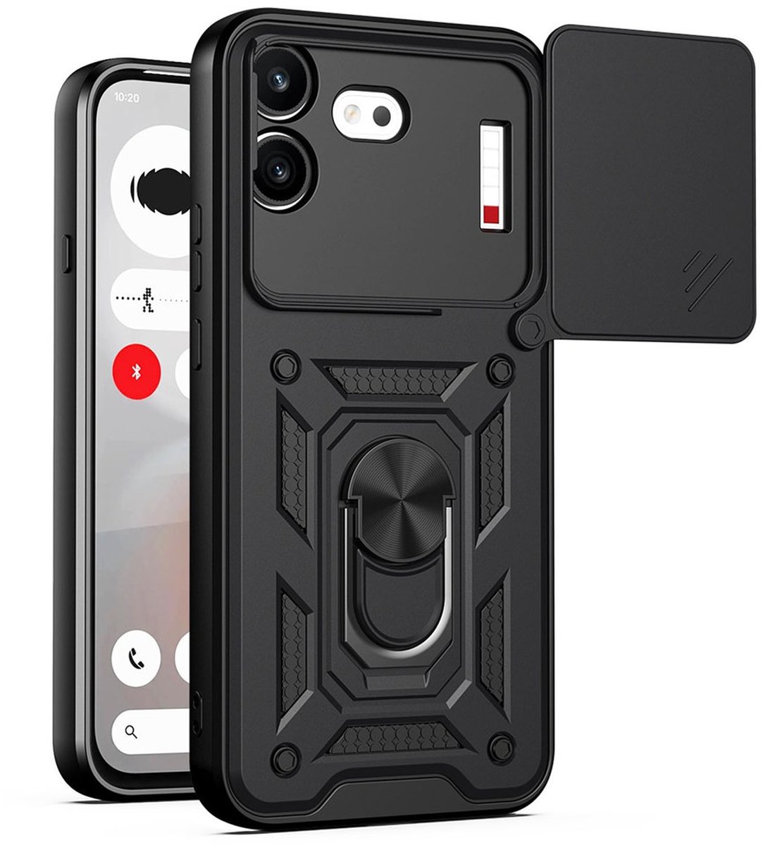 MobyDefend Hoesje - Geschikt voor Nothing Phone (4b) - Pantsercase Met Draaibare Ring - Zwart