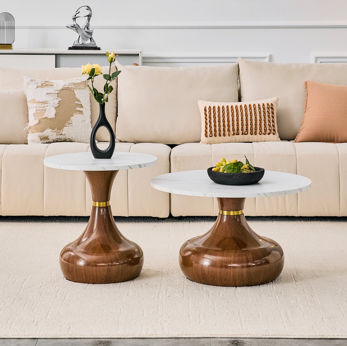 MODFU - Salontafel - Rond - Marmerlook - Sanduurbasis - Wit Walnoot