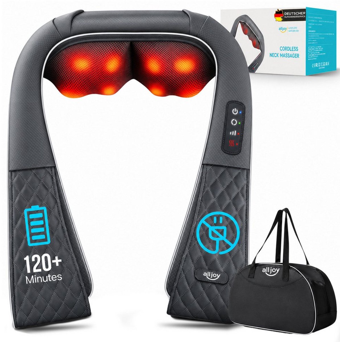 FOSMET Massage - Massage Apparaten - Shiatsu Massagekussen - Nek en Schouder Massage Apparaat - Draadloos - 8 Massagekoppen - 3 Massage Standen - 2 uur Gebruik - Infrarood Warmtefunctie - Luxe Opbergtas - Ideale Cadeaukeuze - Grijs