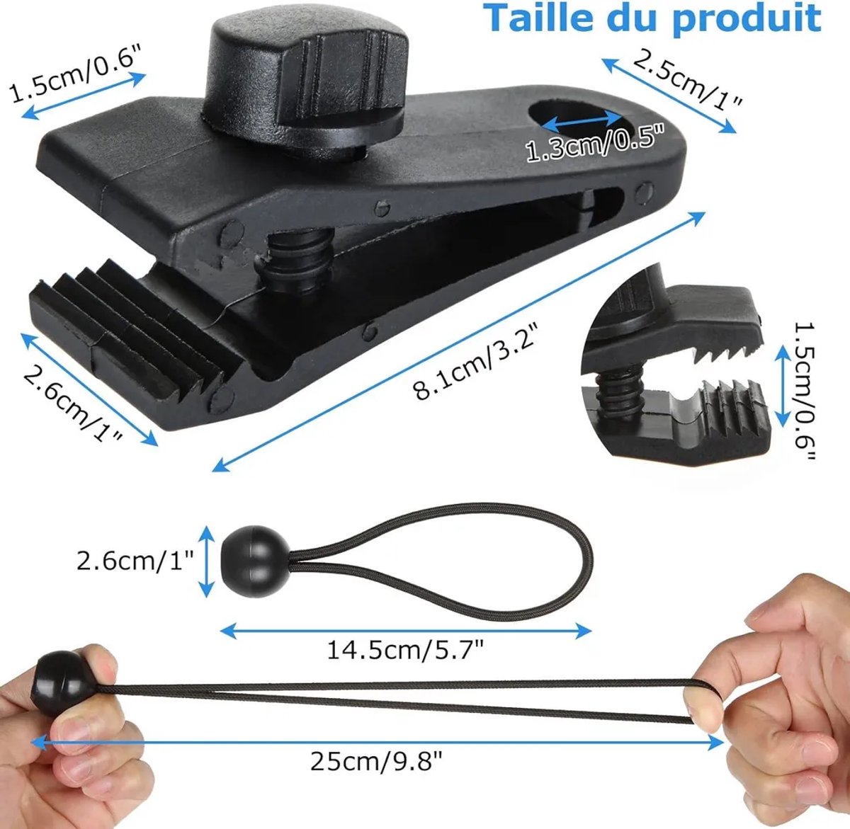 60 zwarte zeilclips + elastische spanner Geschikt voor vergrendelingsmechanisme, Geschikt voor luifels/campers/zwembadafdekkingen