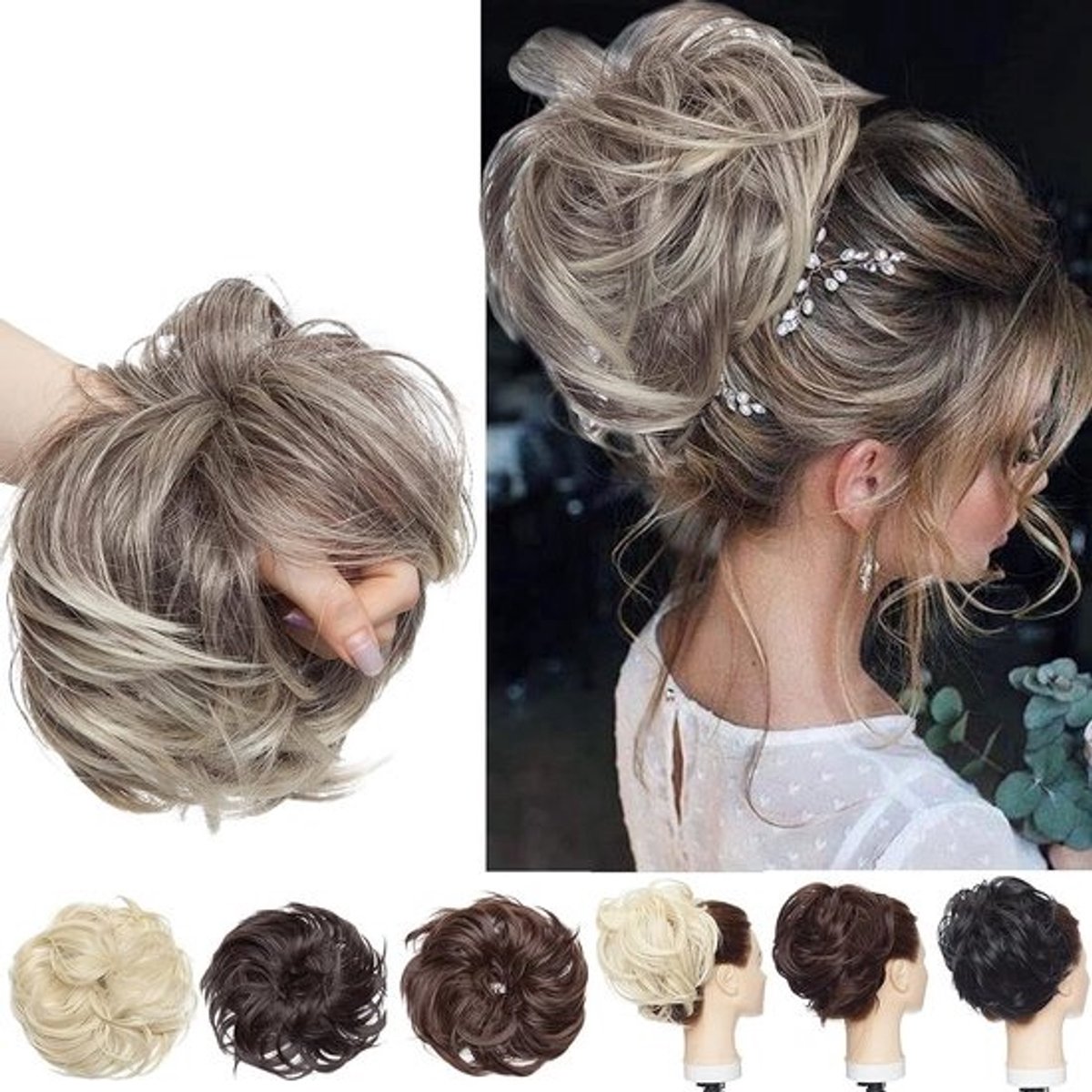 Volumineuze Updo Haar Extensions voor een Natuurlijke Messy Bun - 80g Donkerbruin en Blond Mix