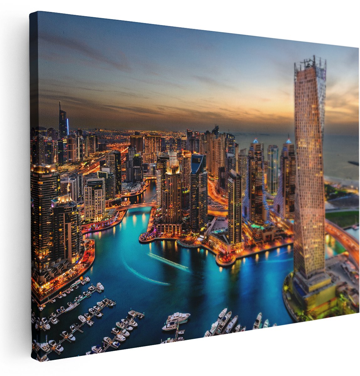 Artaza Canvas Schilderij Dubai Haven met de Stad - 160x120 cm - Groot - Wanddecoratie Woonkamer - Schilderijen - Muurdecoratie