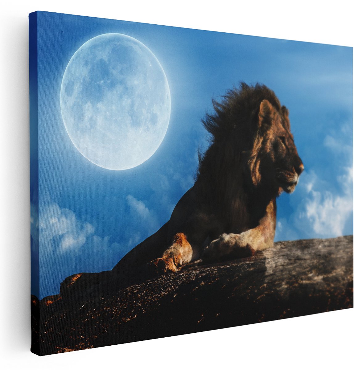 Artaza Canvas Schilderij Leeuw Tijdens Volle Maan - 160x120 cm - Groot - Wanddecoratie Woonkamer - Schilderijen - Muurdecoratie