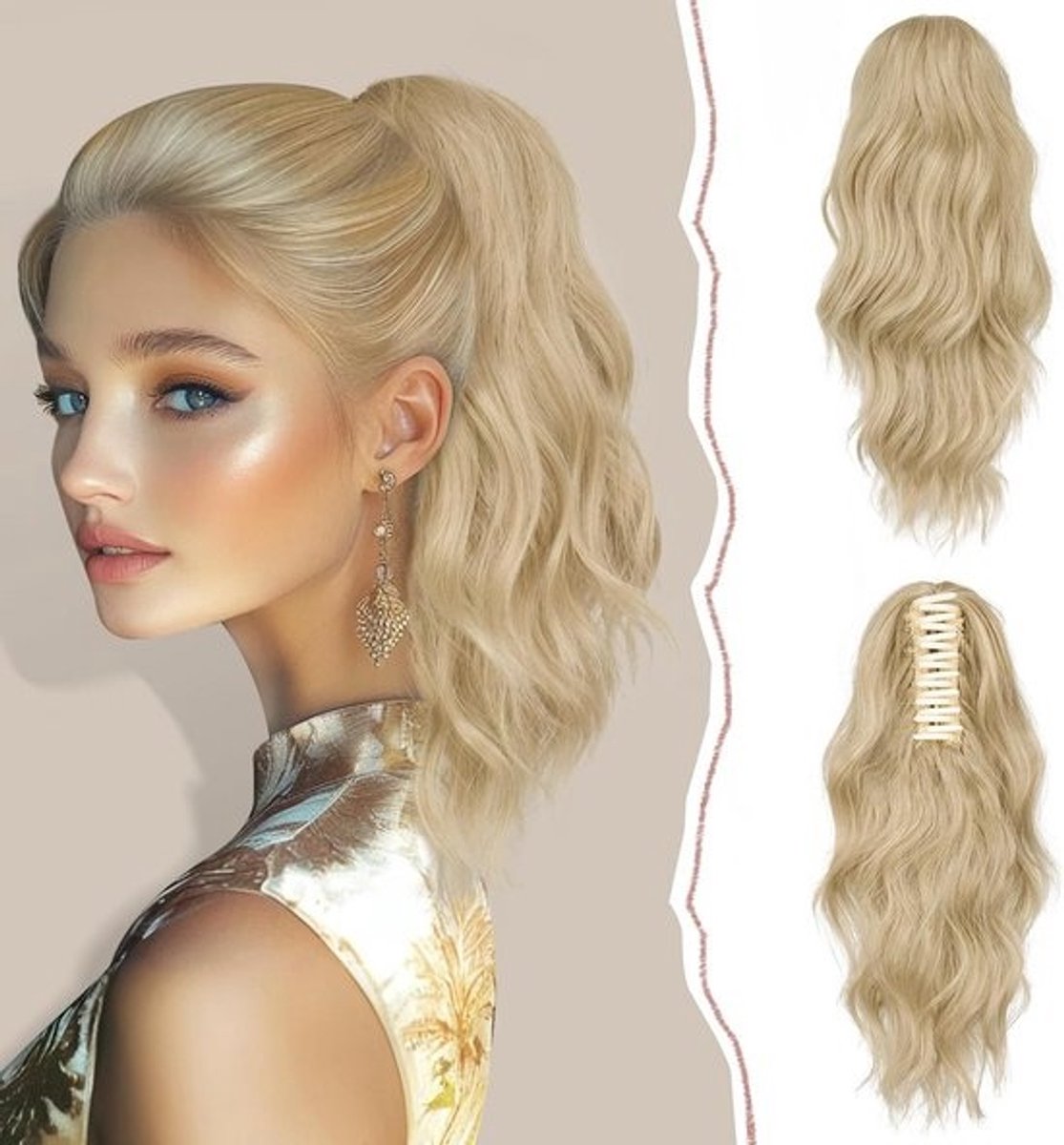 Korte Golvende Paardenstaart Clip-in Haarverlenging 35 cm - Licht Asblond Synthetisch Haarstuk
