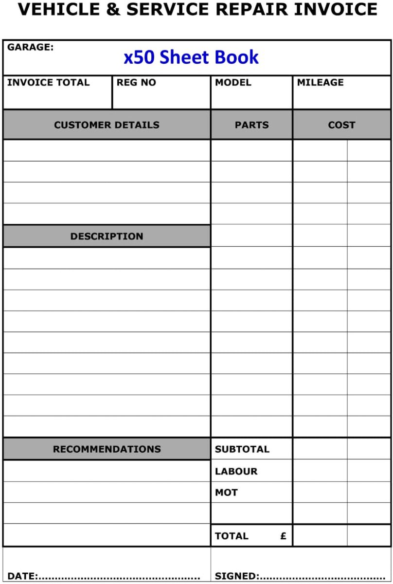 A4 Garage and Mechanic Service Invoice Book – 50-Sheet Book - ShopVlot