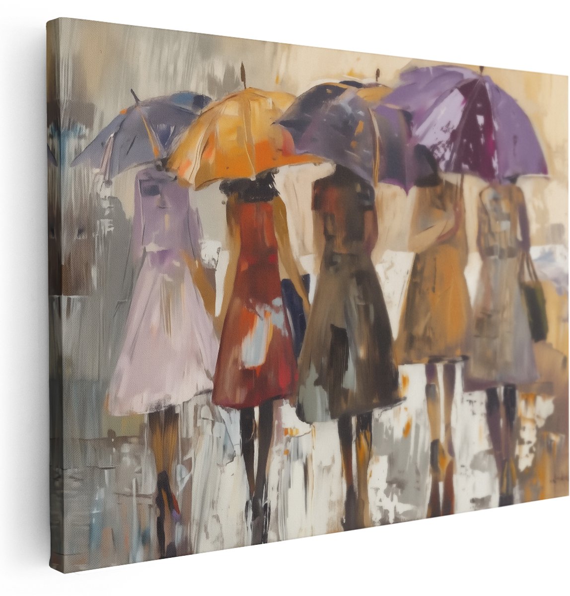 Artaza Canvas Schilderij Vrouwen met Paraplu’s in de Regen - 160x120 cm - Groot - Wanddecoratie Woonkamer - Schilderijen - Muurdecoratie