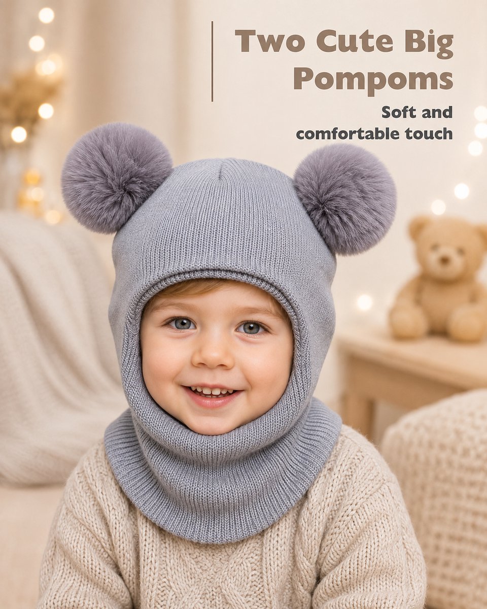 kindermuts met halswarmer en twee pompons, donkergrijs, voor jongens en meisjes 1-6 jaar