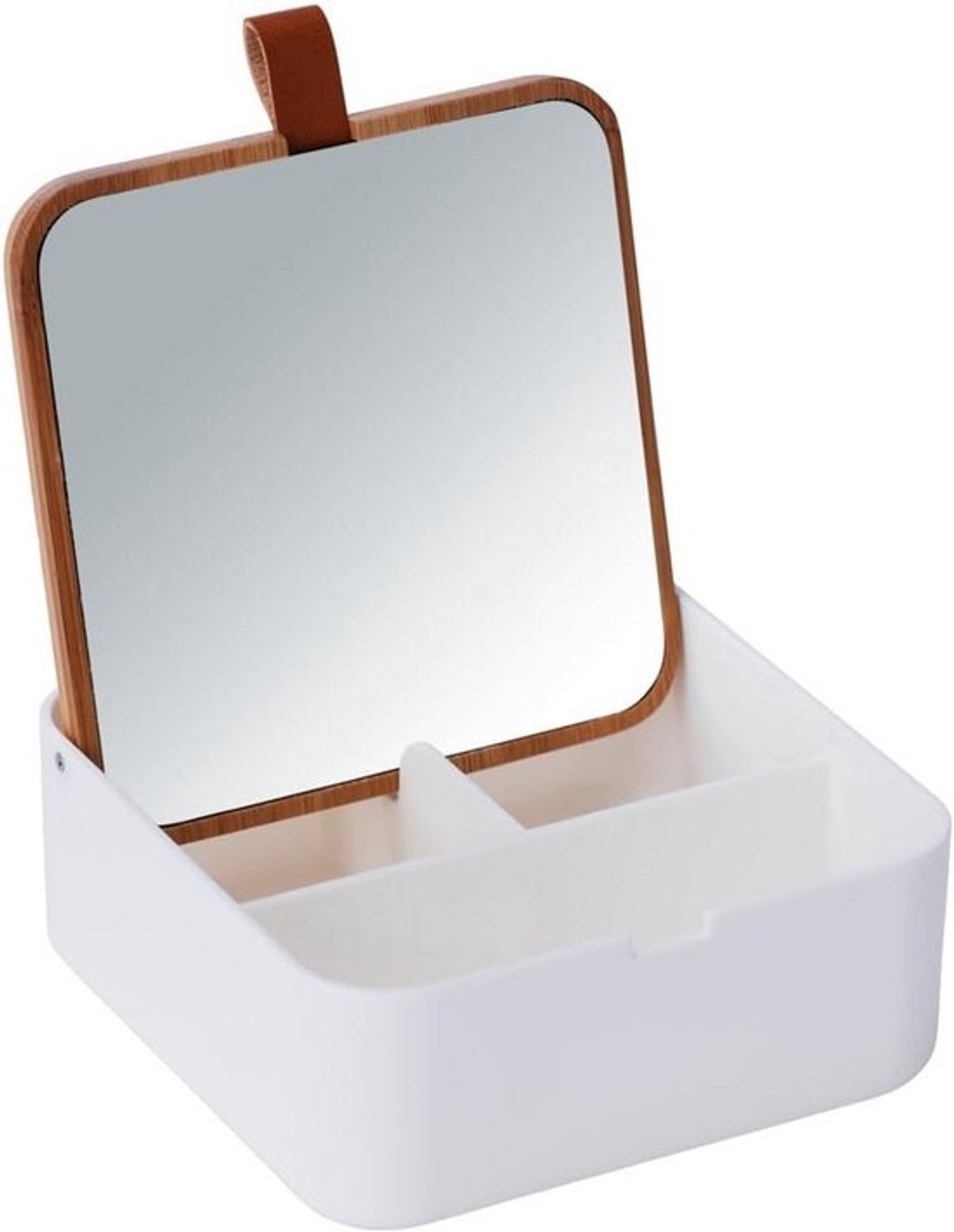 Cosmetische Organizer met Deksel, 3 Vakken en Spiegel voor Badkamer