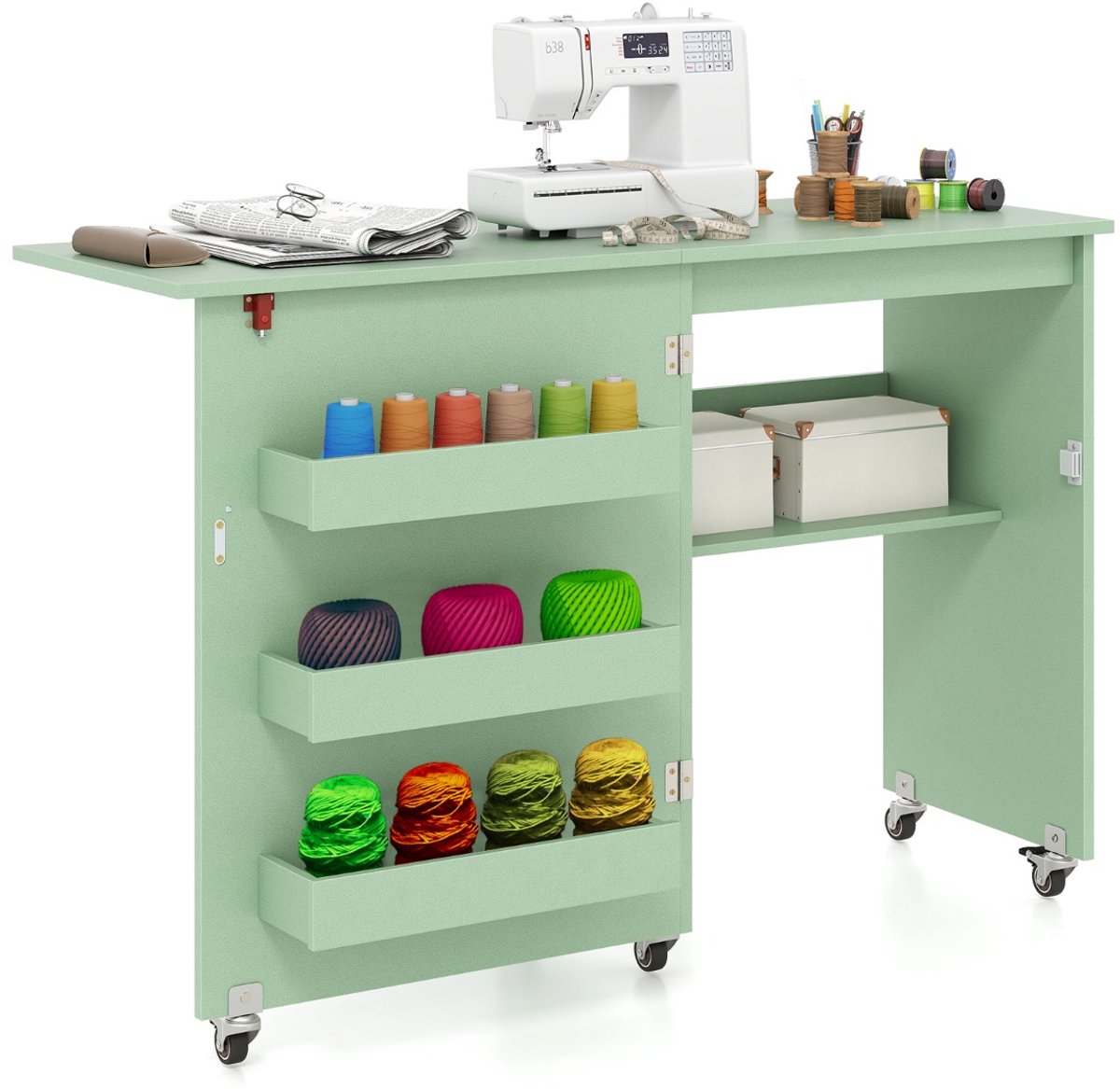 SureDeal® - Bureau - Opvouwbare Naaitafel Mobiel - Opbergrek Voorzien Drie - 118,5x40x79,5 cm - Groen