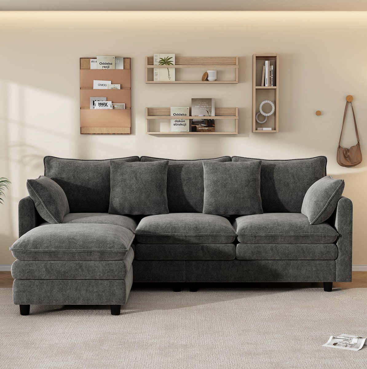 MODENUIT Hoekbank 212 x 150 x 90 cm - L-vorm met Chaise Longue en 4 Sierkussens - Voor Woonkamer - Chenille - Grijs
