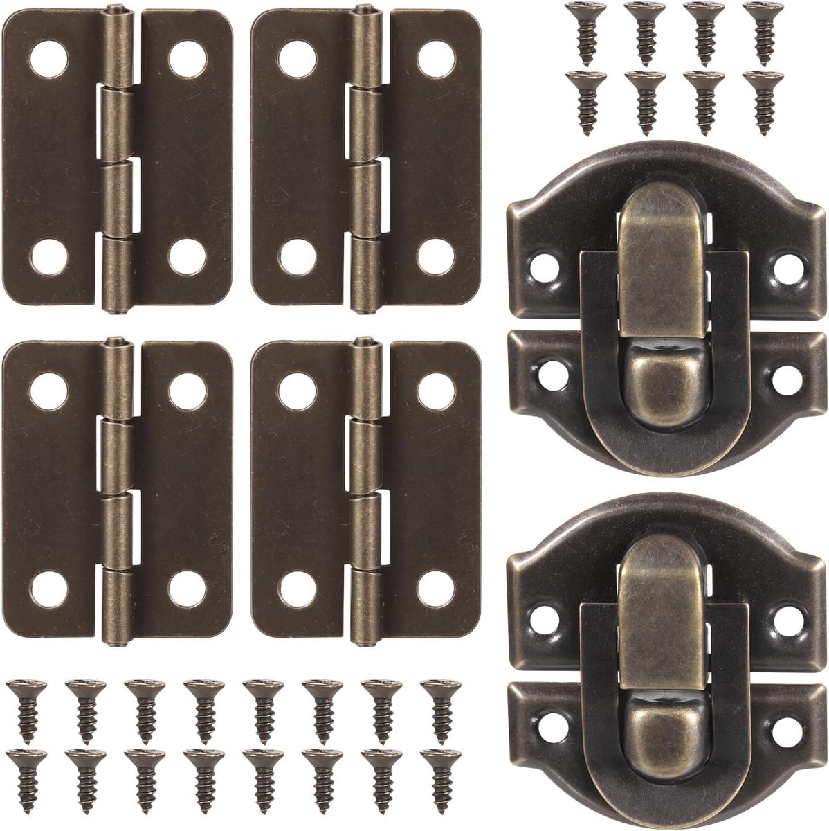 Antiek bronzen houten doos met stangen en sluitingen, decoratieve hardware voor sieraden, kleine kasten en ambachtelijke projecten met bijpassende schroeven.