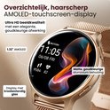 Close-up van een gouden smartwatch met een AMOLED-touchscreen, dat een kleurrijk display toont.
