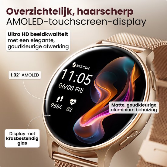 Close-up van een gouden smartwatch met een AMOLED-touchscreen, dat een kleurrijk display toont.
