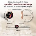 Gouden smartwatch met witte band en AMOLED HD scherm. Afmetingen: 49,5mm hoog, 42,5mm breed, 11,6mm dik. Bandlengte 170-260mm.