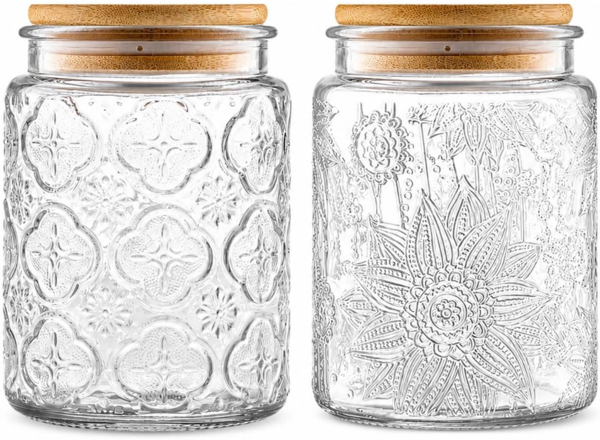 longziming - Vintage Zonnepitten Glazen Pot - Bloemen Motief Voorraadpot - Luchtdichte Bewaarcontainer - Bambus Deksel Met Siliconen Ring - Stijlvol Retro Ontwerp - Veelzijdig Voor Keuken En Decoratie - 2 Stuks