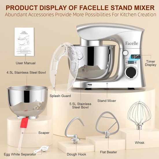 Keukenmachine - Deegkneedmachine Mixer - Bakken en Koken - Krachtige 1500W Motor - 55 Liter Kom - Zilver — afbeelding 4