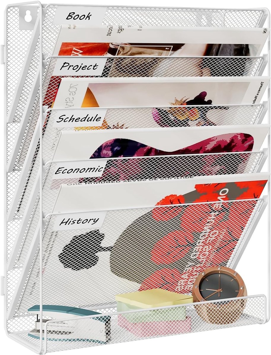 6-Laags Wandgemonteerde Bestanden Organizer, Tijdschrift Houder, A4 Documenten Organizer in Wit, Ruimtebesparend en Functioneel