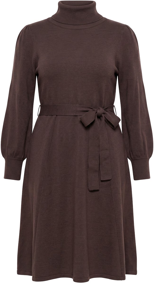 MIAMODA - Dames - Gebreide jurk midilengte col ceintuur in de taille - Mahonie - Maat 58+