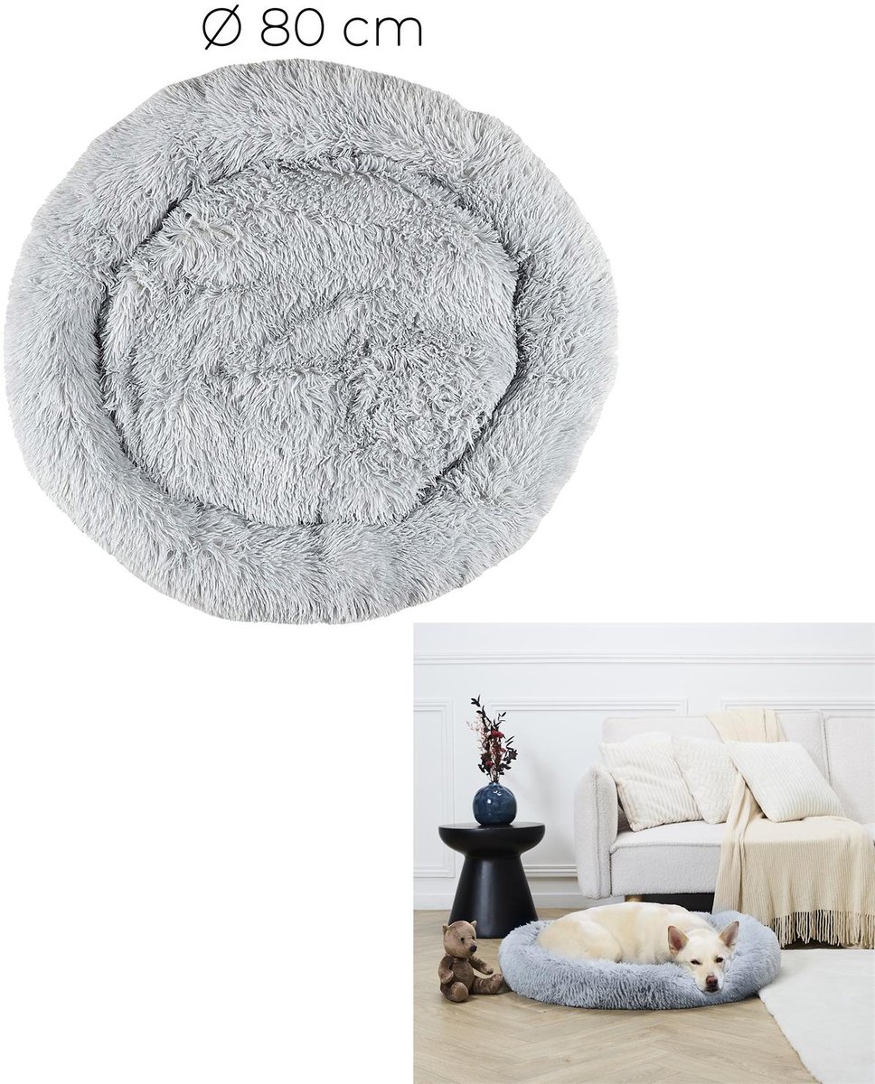 Fluffy Hondenmand Ø80 cm – Ronde Donut Hondenmand voor Honden & Katten – Zacht Polyester Hondenkussen met Opstaande Rand – Dierenmand 80 x 17 cm – Grijs